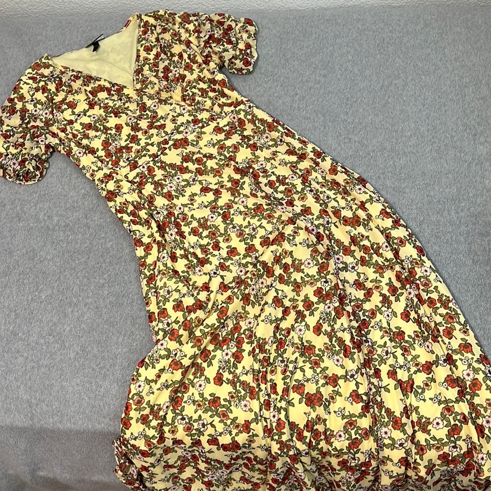 Floral Maxi Dress Large Petite Cottagecore Stretchy Modest Yellow Romantic